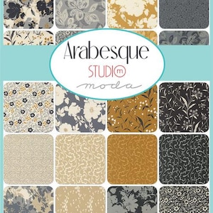 May include: A collection of fabric swatches with floral and abstract patterns in various colors, including gray, yellow, and black. The text "Arabesque STUDIO moda" is displayed in the center of the image. The swatches are arranged in a grid.
