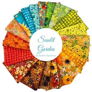 May include: A collection of 18 fabric squares featuring a variety of floral and geometric patterns in shades of yellow, orange, green, and blue. The fabric squares are arranged in a circle with a white circle in the center that reads "Sunlit Garden by Robert Kaufman".