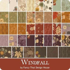 May include: A collection of fabric swatches titled Windfall by Fancy That Design House, featuring a grid of patterns in autumn colors including orange, brown, cream, and green, with motifs of pumpkins, sunflowers, leaves, and coffee cups.