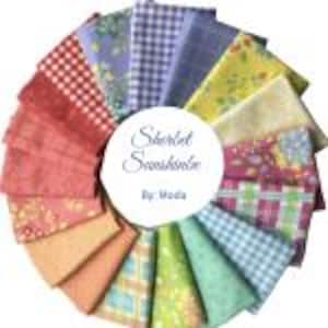 May include: A circular arrangement of assorted fabric swatches featuring various patterns including gingham, floral, and plaid in shades of red, orange, yellow, green, blue, and purple. A central white label displays the text Sherbet Sunshine By: Moda.