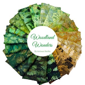 May include: A collection of 20 fabric squares featuring a woodland theme. The fabric squares are in shades of green, brown, and beige. The fabric squares are arranged in a circle with the text "Woodland Wonders By Artisan Batiks" in the center.
