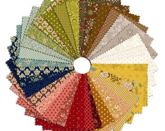 May include: A circular arrangement of fabric squares in various colors and patterns. The fabrics include floral, geometric, and paisley designs in shades of green, blue, red, yellow, and brown. The squares are arranged around a white circle.