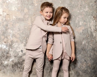 3-delig beige jongenspak, Eerste communie jongensoutfit, Jasje, broek en t-shirt