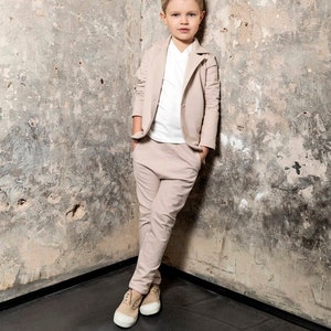 Beige 2-piece suit, Boy baptism outfit, Boys wedding suits, Boy comfort suit, First Communion suit, Boy prom suit, Organic cotton suit,