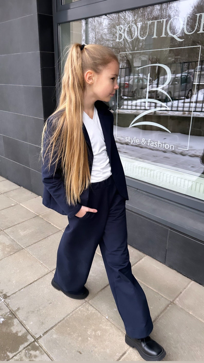 Wide Pants Jacket Set. Navy Blue Set for Girl, Girl wide pants, Wide Pants with Pockets, Girl Long Pants, Elegant Wide Leg Gilrs Pants