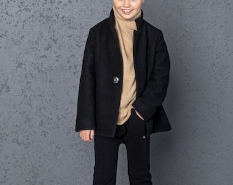 Chaqueta de ébano para caballeros jóvenes, ropa exterior de ónix juvenil, abrigo junior noir, abrigo oscuro elegante para niños, elegante chaqueta de color carbón