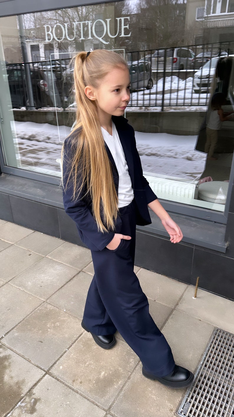 Wide Pants Jacket Set. Navy Blue Set for Girl, Girl wide pants, Wide Pants with Pockets, Girl Long Pants, Elegant Wide Leg Gilrs Pants