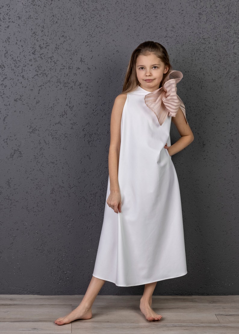 Luxury Communion Dress, First Communion Dress, White Christening Dress, European Style Dress, Minimalist Baptism dress, White Flower Dress image 3