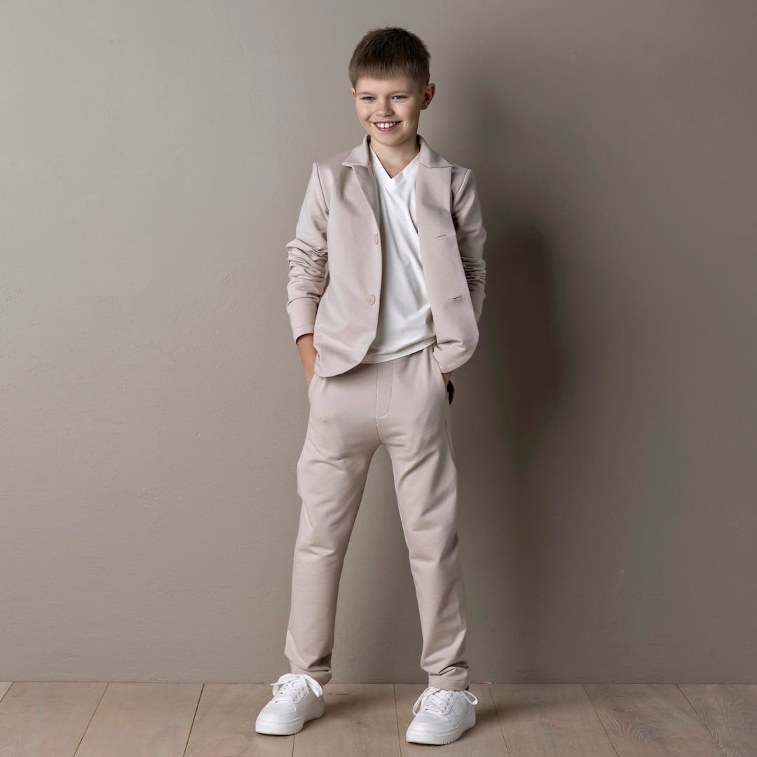 Buy Beige Boy Suit: 4-piece Wedding Outfit, Jacket, Pants, Shorts