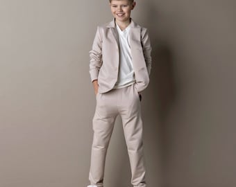 4-piece beige boys suit, Boy wedding suit, Jacket, pants, shorts and t-shirt, First communion suit