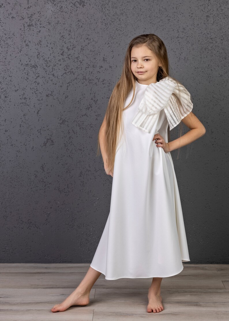 Luxury Communion Dress, First Communion Dress, White Christening Dress, European Style Dress, Minimalist Baptism dress, White Flower Dress image 7