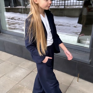 Wide Pants Jacket Set. Navy Blue Set for Girl, Girl wide pants, Wide Pants with Pockets, Girl Long Pants, Elegant Wide Leg Gilrs Pants