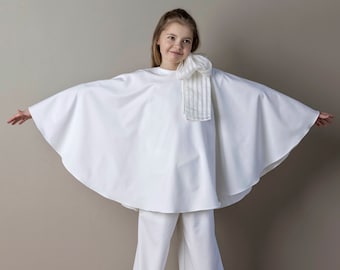 Baptism girl outfit 3-piece white suit. Wide white pants, white blouse, white communion shawl. First communion suit. Christening outfit