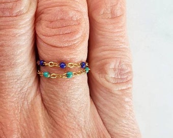 Bague fine chaine - Doré perles résine couleur au choix acier inoxydable sur mesure