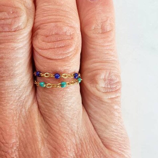 Bague fine chaine - Doré perles résine couleur au choix acier inoxydable sur mesure