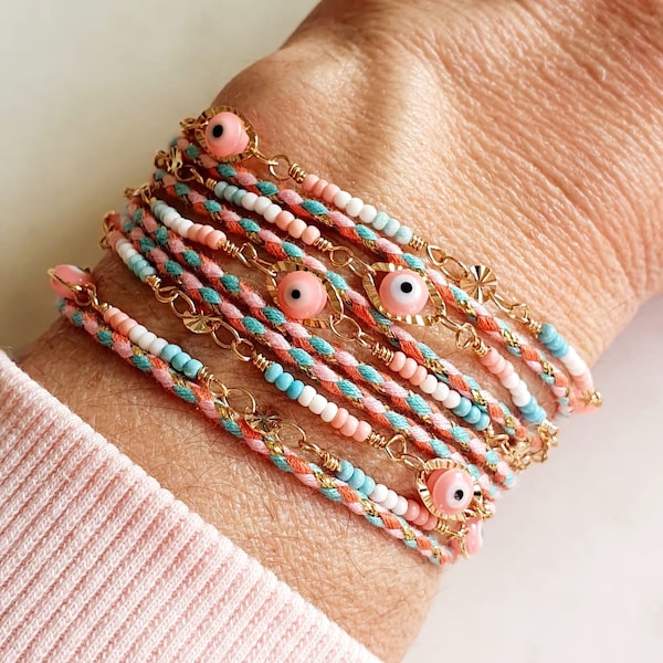 Bracelet lien multi rang chaine perles oeil protection cordon multi tour acier inoxydable perles rose bleu blanc or sautoir réglable