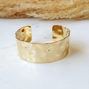 Large Rigid Hammered Gold Cuff Bracelet - Elegant and Durable