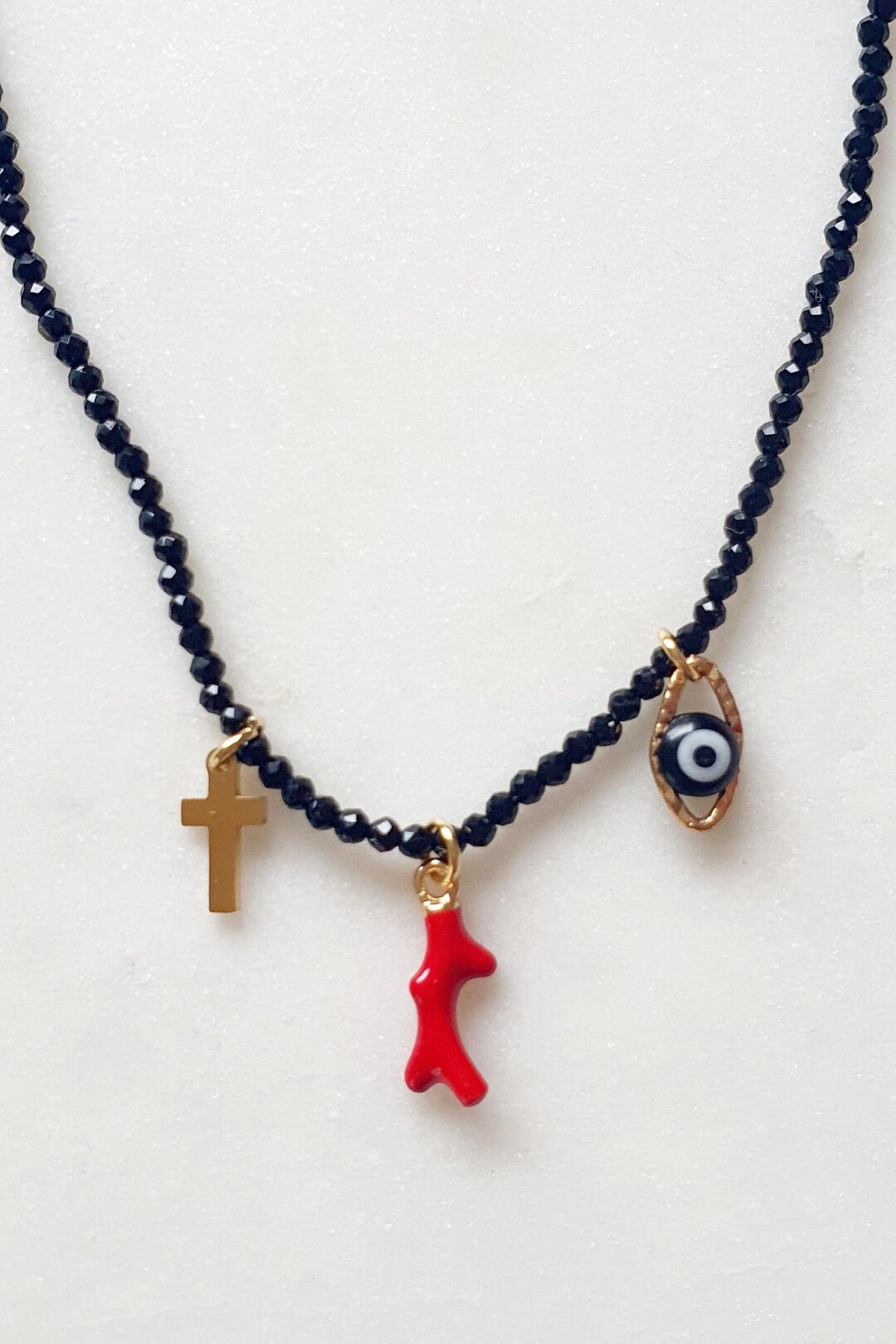 Necklace With Crystal Beads and Charms Red Coral Charms, Cross and