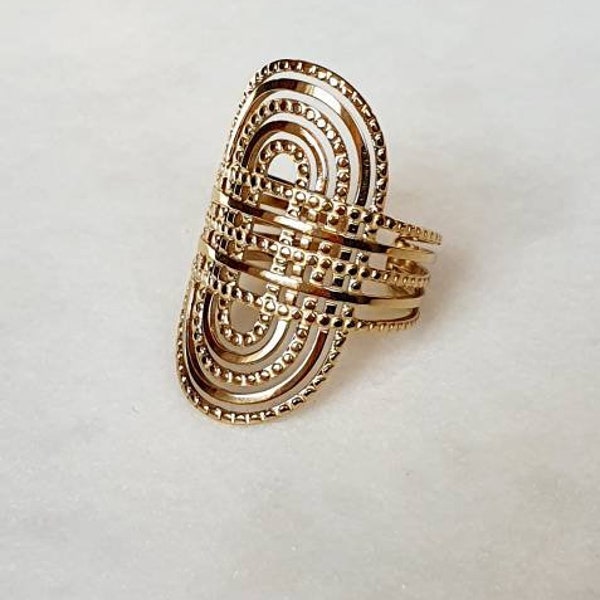 Bague ovale ajourée fils croisés  asymétrique ajustable acier inoxydable style Inca Aztèque Maya ethnique