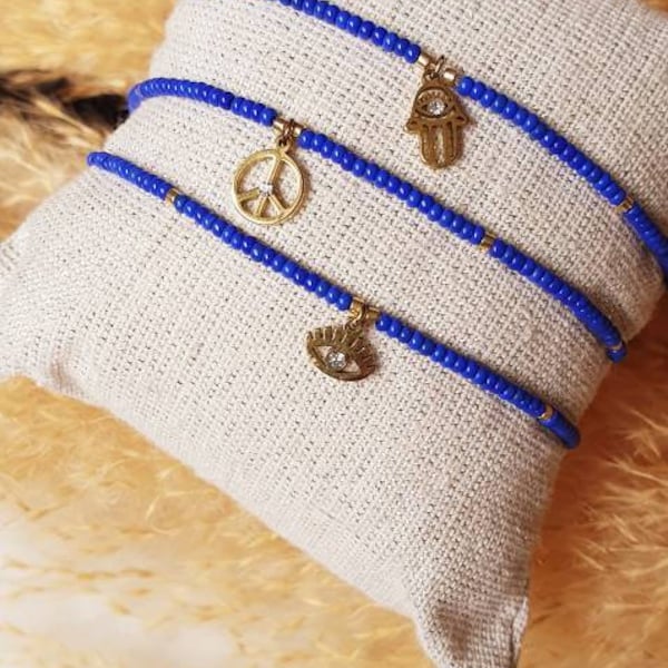 Bracelet rock pearls blue gold charm hand fatma eye peace and love elastic fine adjustable