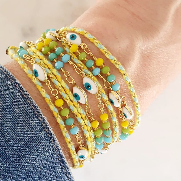 Bracelet lien multi rang chaine perles oeil protection cordon multi tour acier inoxydable perles vert citron jaune bleu or sautoir réglable