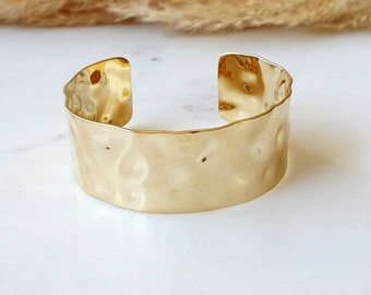 Wide gold cuff bracelet hammered rigid bracelet