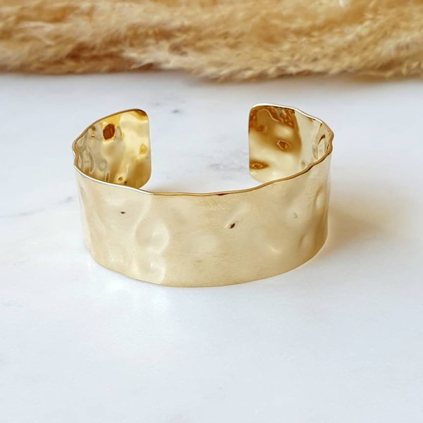 Wide gold cuff bracelet hammered rigid bracelet