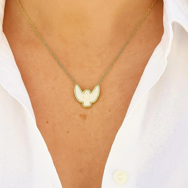 White Pearl Dove Necklace Gold | Spiritual Talisman Peace Love Women | Fine Adjustable Chain | Stainless Steel | Handmade France