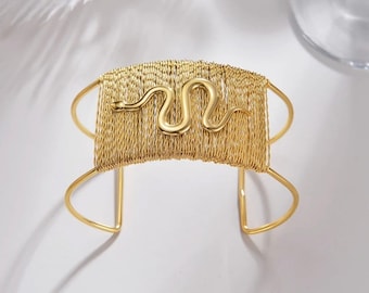 Wide golden snake cuff adjustable rigid bracelet gold wire openwork stainless steel boho chic