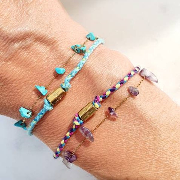 Double braided mantra bracelet with semi-precious stone