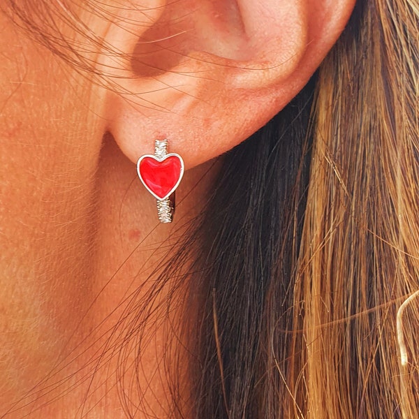 Boucles d'oreilles AMOUR mini créoles anneau coeur rouge strass diamant brillant minimaliste strassée couleur argent acier inoxydable