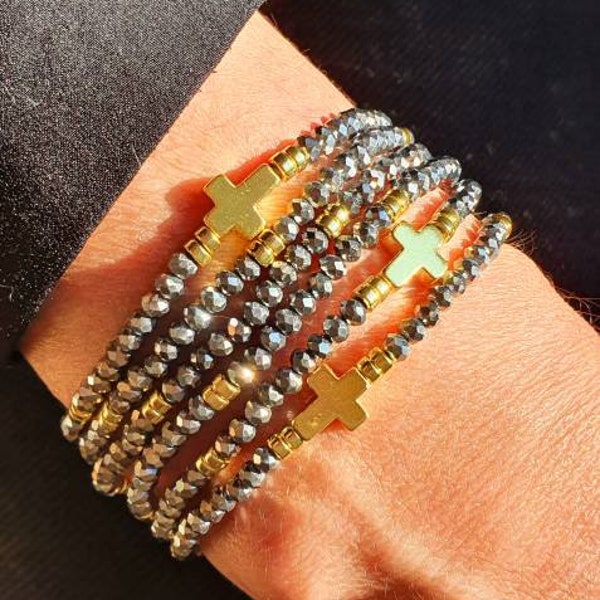 Gray crystal bead bracelet golden cross gold silver elastic faceted bead accumulation religious chic