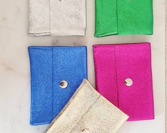 Pochette cadeau porte cartes visite bancaire monnaie pochette anniversaire bijou cuir paillette couleur or argent brillant bleu rose vert