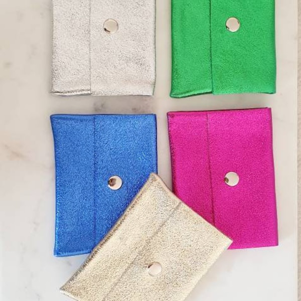 Pochette cadeau porte cartes visite bancaire monnaie pochette anniversaire bijou cuir paillette couleur or argent brillant bleu rose vert