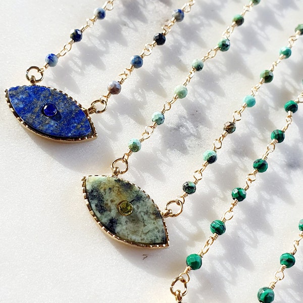 Collier oeil protecteur Lapis Lazuli bleu Pin africain vert pierre naturelle chaine dorée or bijoux boheme réglable ajustable fin tendance