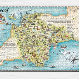 Pode incluir: Um quebra-cabe&ccedil;a de 1000 pe&ccedil;as com um mapa ilustrado colorido de Devon, Inglaterra. O mapa inclui marcos, animais e texto sobre a regi&atilde;o. O quebra-cabe&ccedil;a &eacute; impresso em um belo papel de seda com um acabamento &uacute;nico.