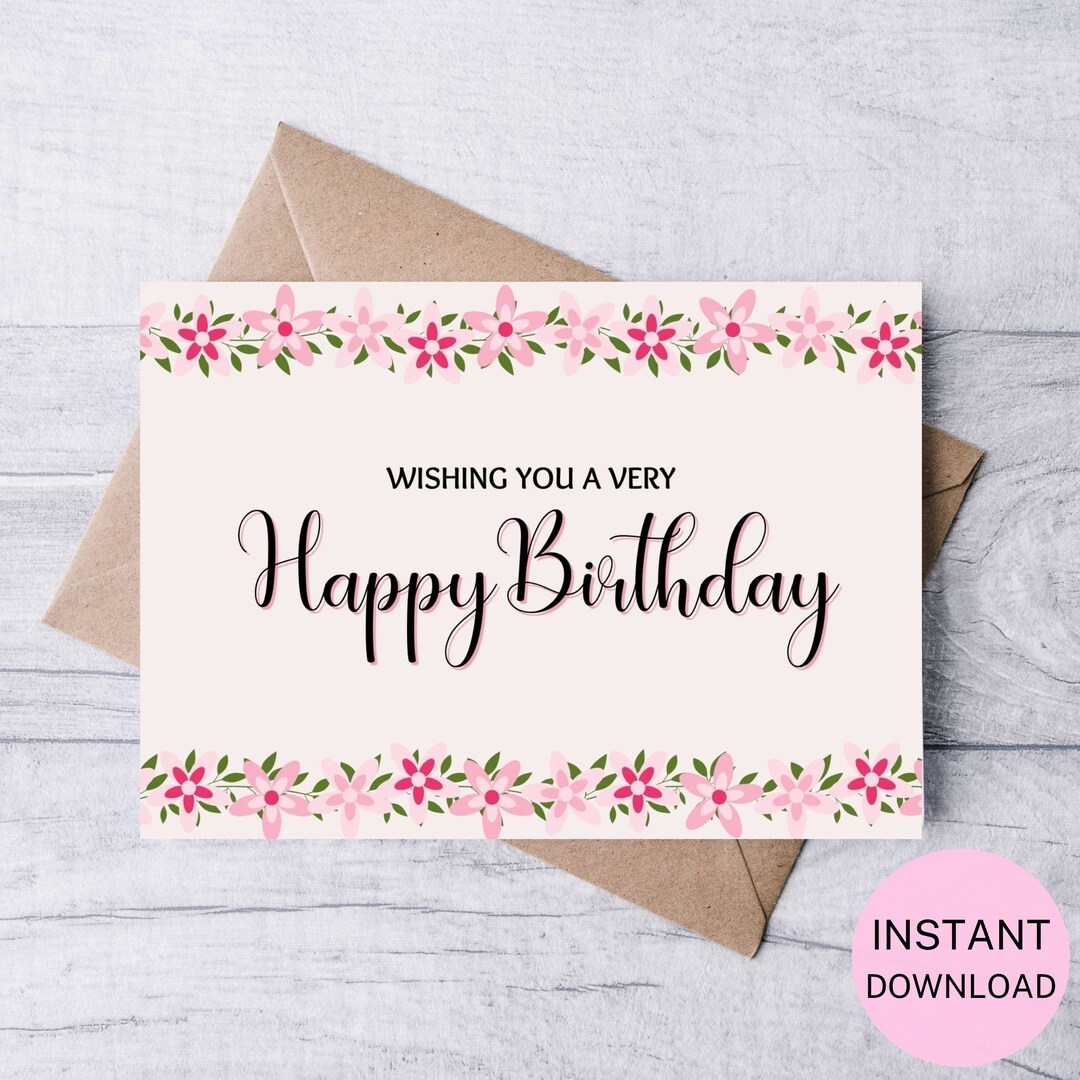 Printable Birthday Card, Pink Flowers Birthday Card, Happy Birthday