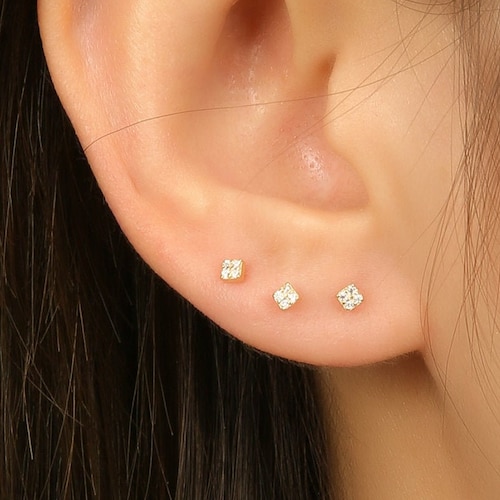 Tiny CZ Stud Earrings Small Triangle Gold Cartilage Studs Etsy UK