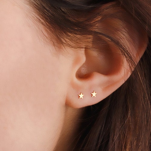 Dainty Tiny Star Stud Earrings Simple Small Studs 14k Gold Etsy