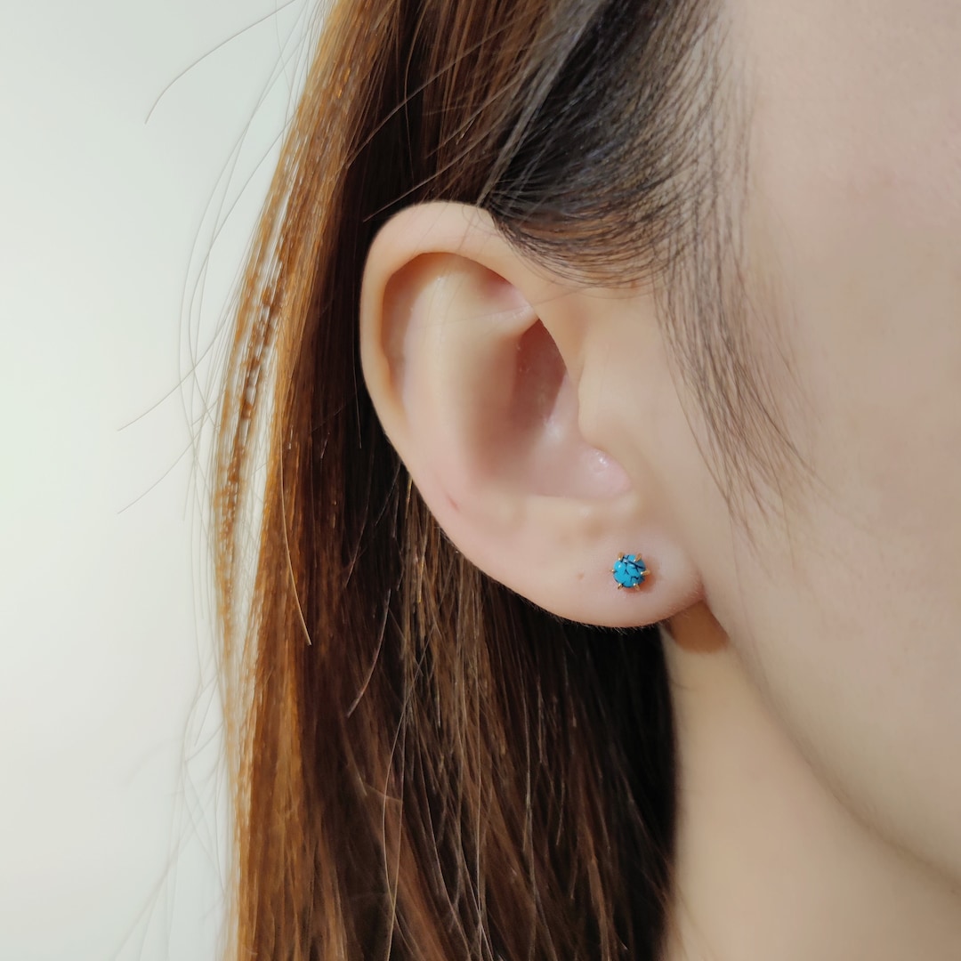 Tiny Turquoise Stud Earrings in Sterling Silver, Gold Turquoise Studs