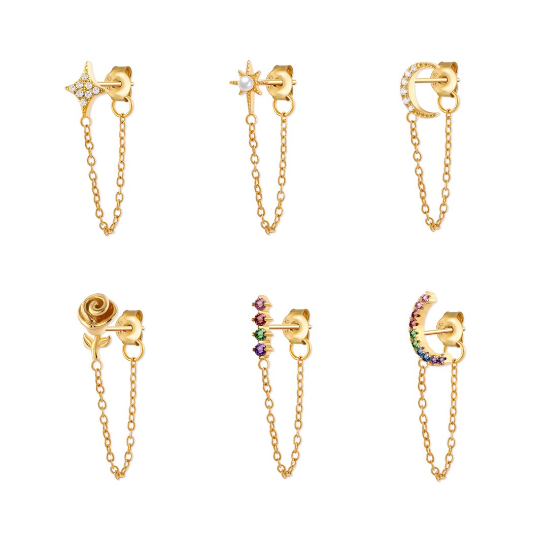 Gold Drop Chain Earrings in Sterling Silver Rose / Bar / Star Etsy