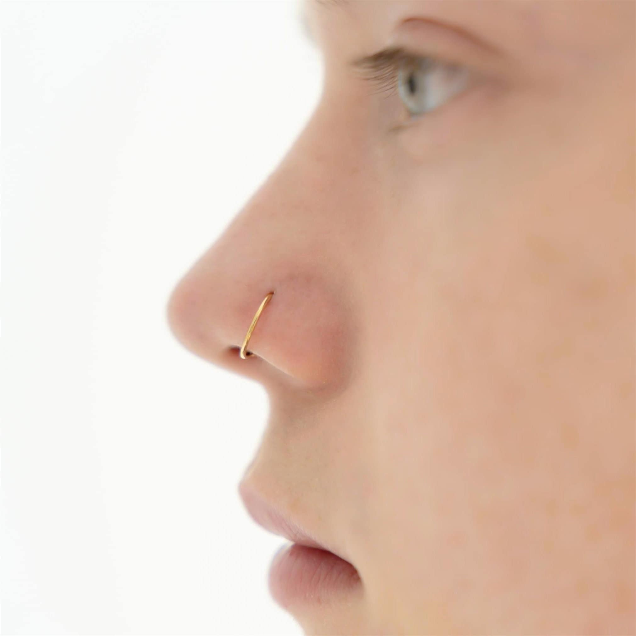 14k Gold-Filled, 5mm 24 Gauge - Left Side 24G Super Thin Tiny Double Nose Ring Hoop for Single Piercing Jewelry Women in 14k Gold Filled or Sterling Silver 