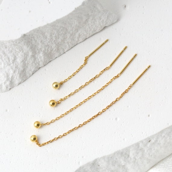 Short Chain Threader Earrings Tiny Ball Ear Threader Sterling