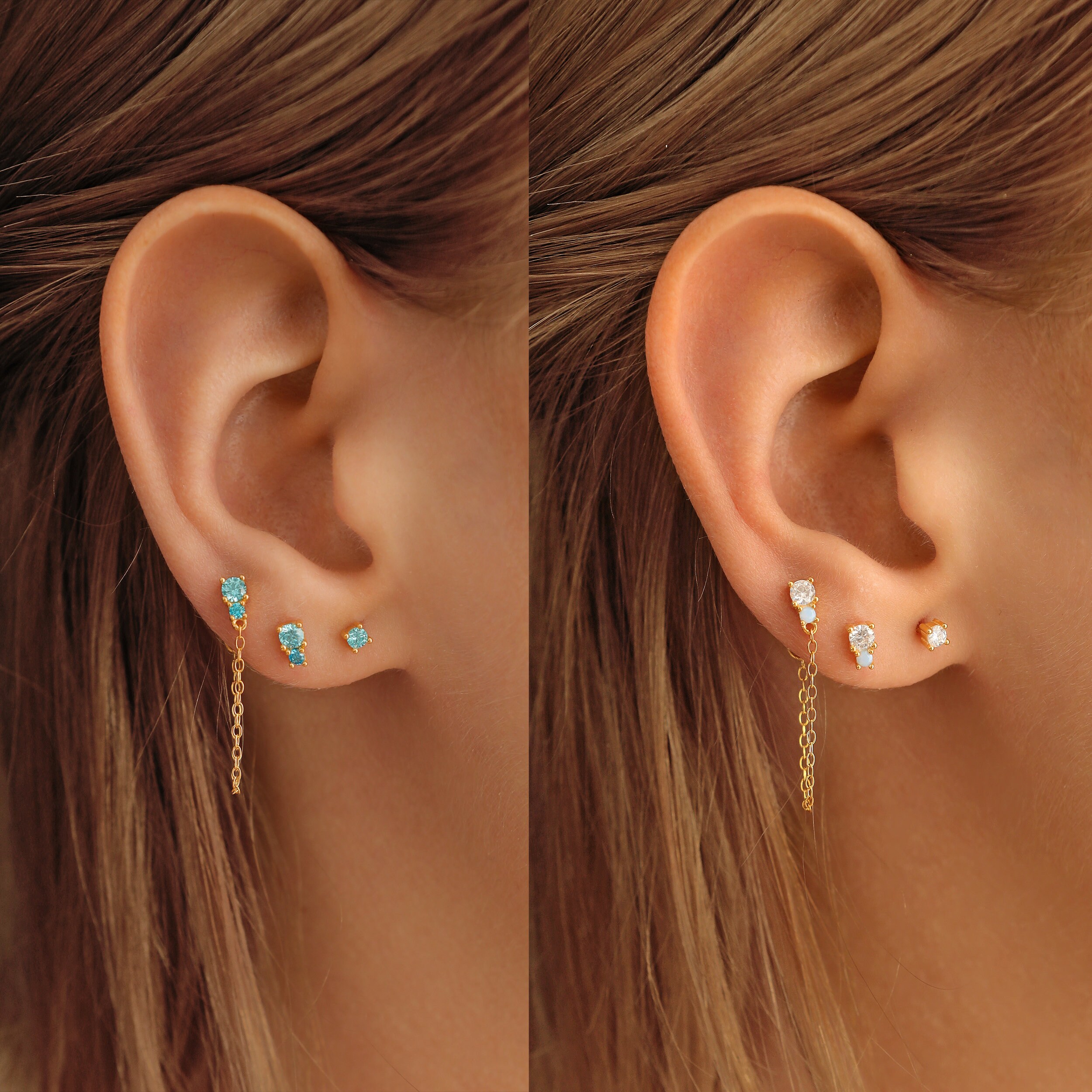 3 PCS Gold Chain Earrings Set for Multiple Piercings in Sterling
