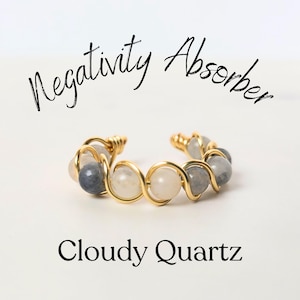 May include: A gold-toned wire-wrapped ring featuring alternating grey and translucent white beads. The text "Negativity Absorber" appears above the ring, and the text "Cloudy Quartz" appears below the ring on a plain white background.