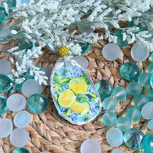 Oyster shell accessory, lemon art, lemons, oyster shell art, oyster keychain, oyster shell charm, backpack charm, ocean accessory, floral