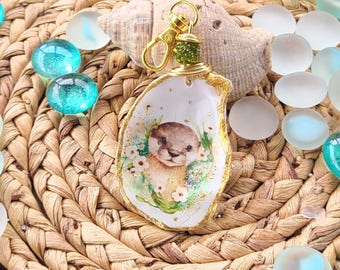Oyster Shell Art - Oyster Shell Accessory - River Otter - Otter Design - Birthday Gift - Handmade - Oyster Shell Charm - Floral Art - Oyster