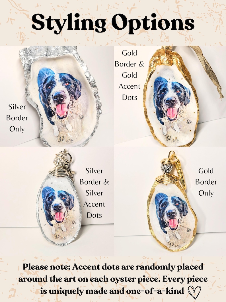 May include: Four oyster shell ornaments with dog portraits, each with different styling options. Options include silver or gold borders, and silver or gold accent dots. The text reads "Styling Options".