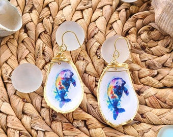 Manatee Earrings - Oyster Shell Jewelry - Oyster Shell Earrings - Handmade Gift - Marine Design - Sea Cow Art - Manatee Design - Gold Plated