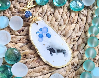 Manatee Oyster Shell Charm, Upcycled Coastal Keychain
